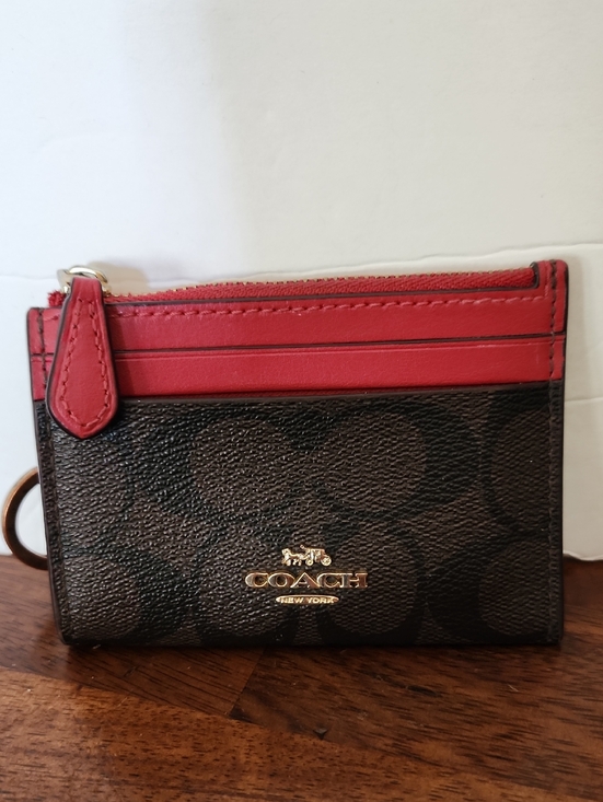 Coach Handbags - COACH Signature Canvas Card Case Wallet in Brown and Red